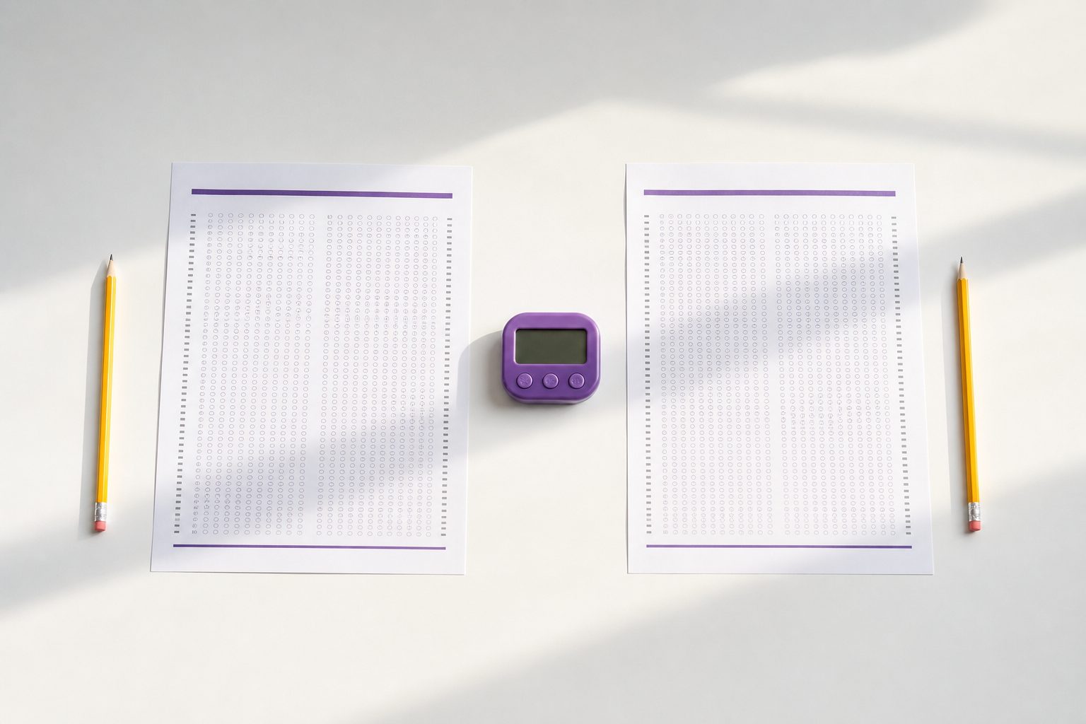 Two blank answer sheets and pencils side by side on a white desk with a small violet timer between them