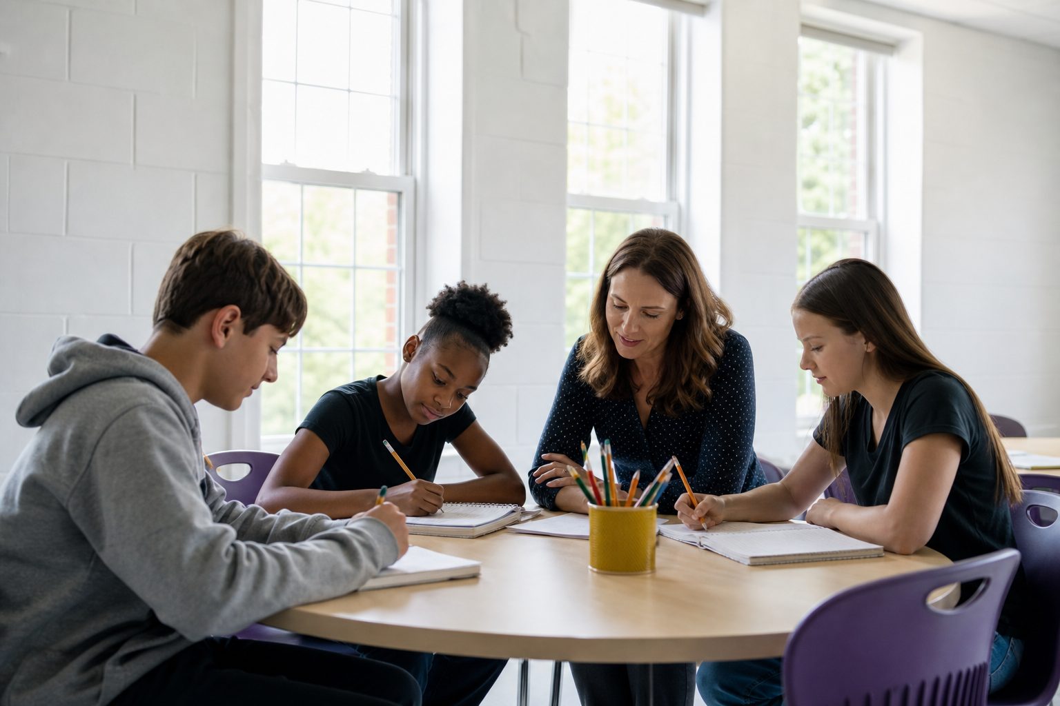 Three students and a tutor working around a small round table in a bright classroom with violet chairs