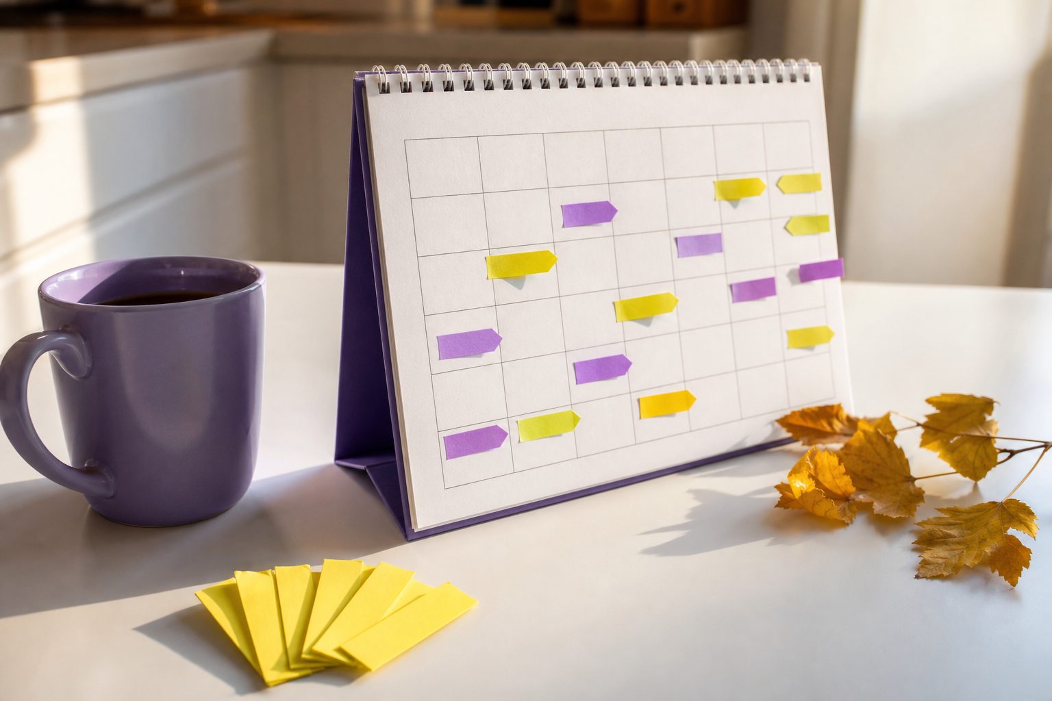 A wall calendar beside a violet mug and a fan of yellow sticky tabs on a white kitchen table
