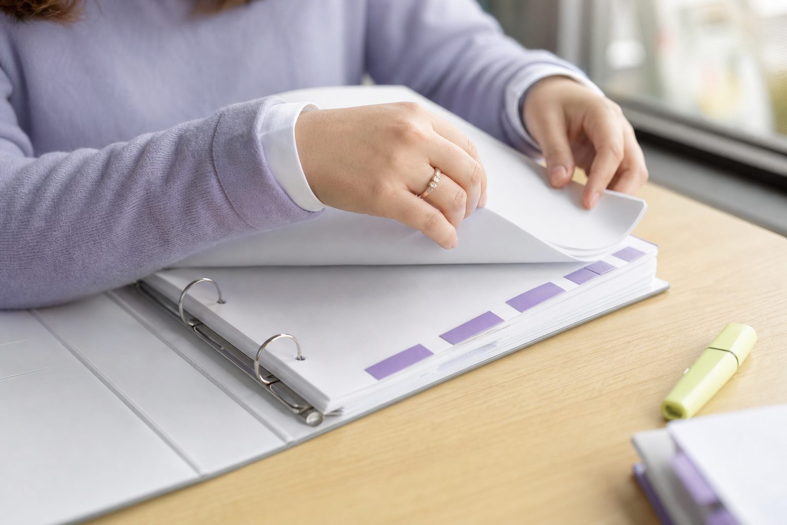 Tutor's hands turning pages of a white binder edged with violet index tabs beside a yellow highlighter in window light