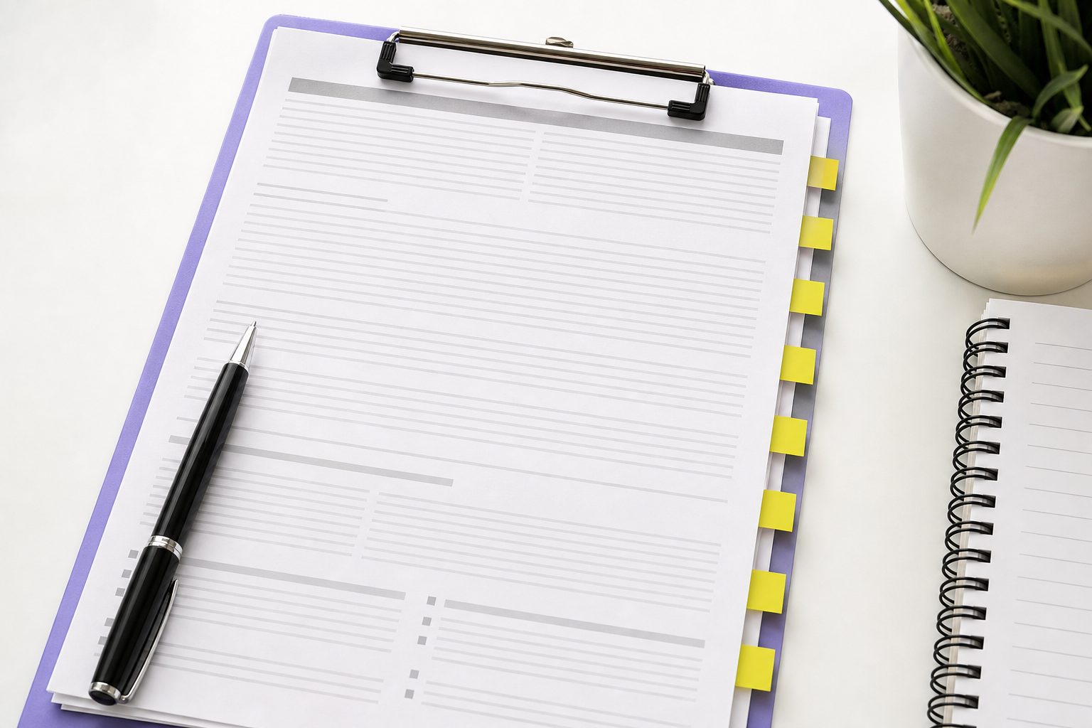 A pen, violet clipboard and yellow index tabs beside an agreement page on a clean white desk