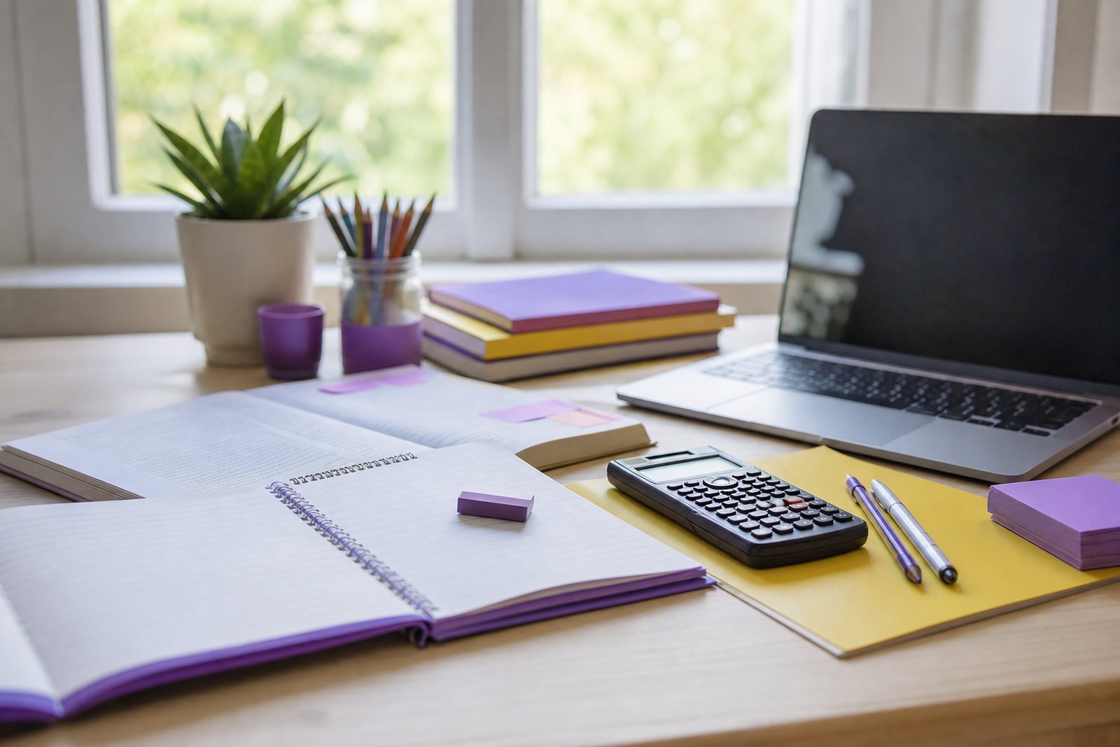 A study table in daylight with open notebooks, colored pencils, a calculator and a laptop ready for a tutoring session
